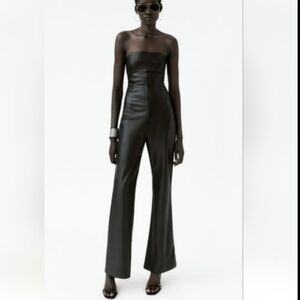 Zara Black Strapless Faux Leather Long Jumpsuit